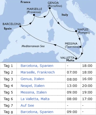 MSC World Europa - Westliches Mittelmeer, MSC World Europa von April bis Oktober 2024, Kreuzfahrt MSC World Europa ab/bis Barcelona für 7 Tage