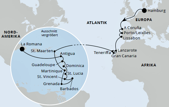 Von Hamburg in die Dominikanische Republik mit AIDAperla vom 25.10.2025 bis 20.11.2025, AIDA