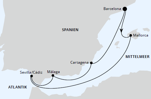 Spanische Mittelmeerküste ab Barcelona, AIDAprima vom 11.04.2025 bis 18.04.2024, AIDA