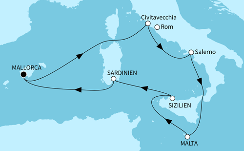 Westliches Mittelmeer mit Malta, Mein Schiff 2 am 06.08.2024 und 13.09.2024